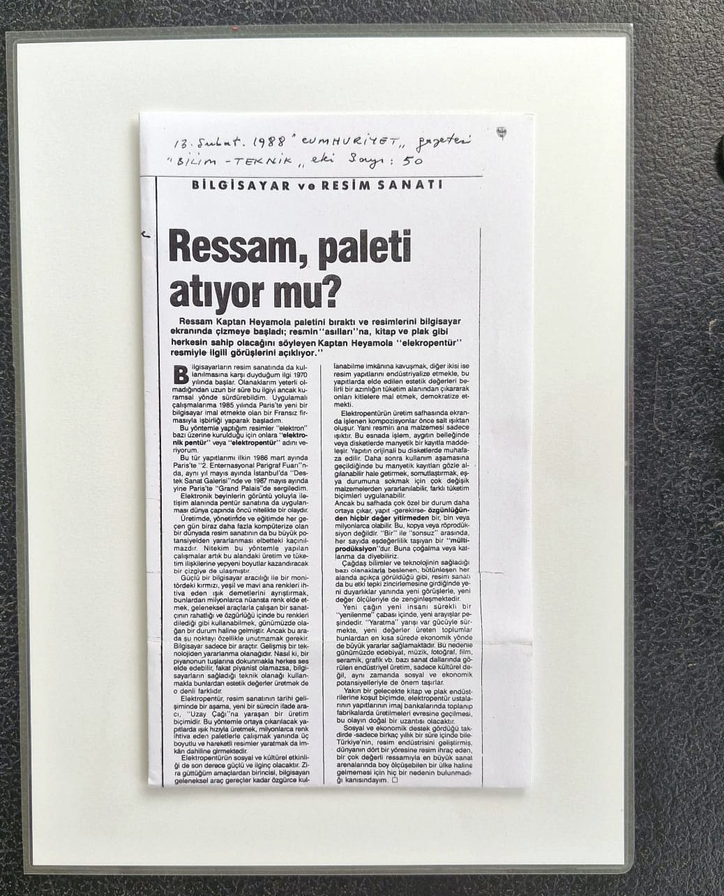 Cumhuriyet Bilim-Teknik kupürü, 13 Şubat 1988